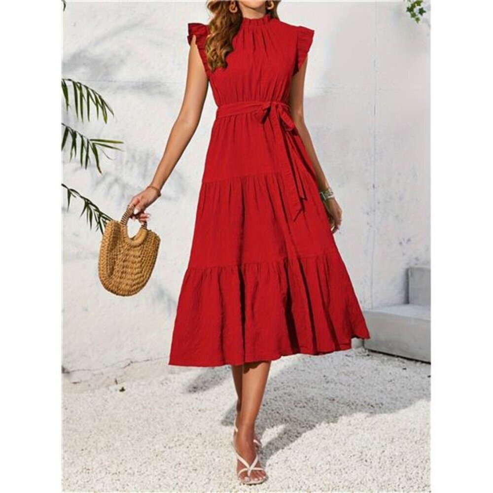 Frill Mock Neck Ruffled Cap Sleeve Midi Dress - Picture 8 of 15